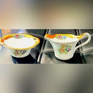 Vintage Noritake Hand-Painted Floral Orange & White Luster Creamer & Bowl
Japan